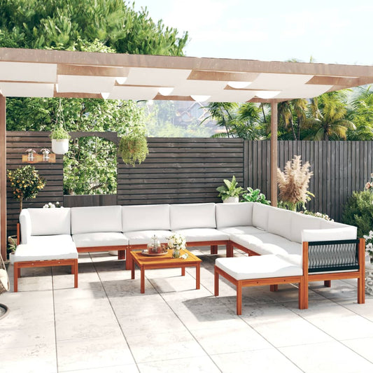 11-tlg. Garten-Lounge-Set mit Kissen Cremefarbenes Holz Akazie & Seil