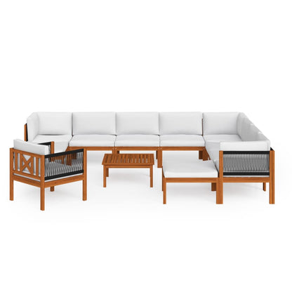 12-tlg. Garten-Lounge-Set mit Kissen Cremefarbenes Holz Akazie & Seil