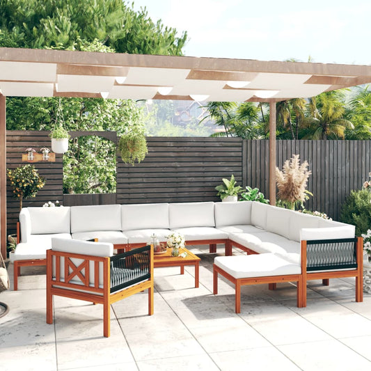 12-tlg. Garten-Lounge-Set mit Kissen Cremefarbenes Holz Akazie & Seil