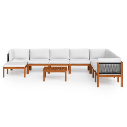 9-tlg. Garten-Lounge-Set mit Kissen Cremefarbenes Holz Akazie & Seil