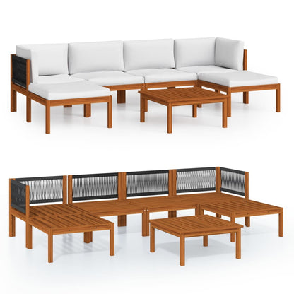 7-tlg. Garten-Lounge-Set mit Kissen Cremefarbenes Holz Akazie & Seil
