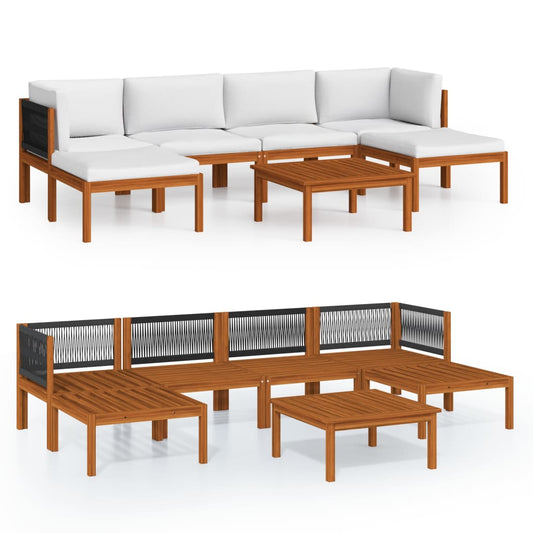 7-tlg. Garten-Lounge-Set mit Kissen Cremefarbenes Holz Akazie & Seil