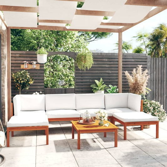 7-tlg. Garten-Lounge-Set mit Kissen Cremefarbenes Holz Akazie & Seil