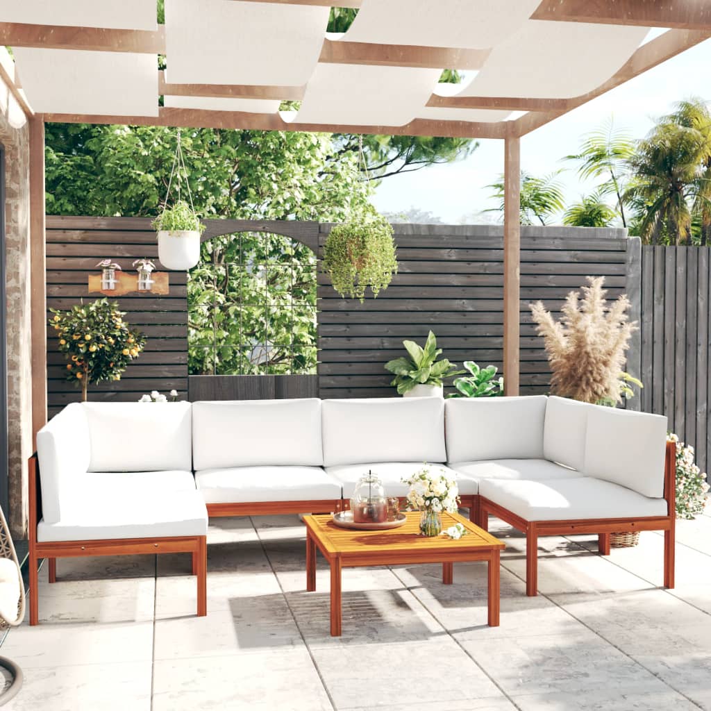 7-tlg. Garten-Lounge-Set mit Kissen Cremefarbenes Holz Akazie & Seil
