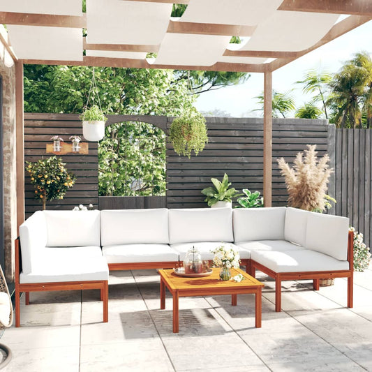 7-tlg. Garten-Lounge-Set mit Kissen Cremefarbenes Holz Akazie & Seil
