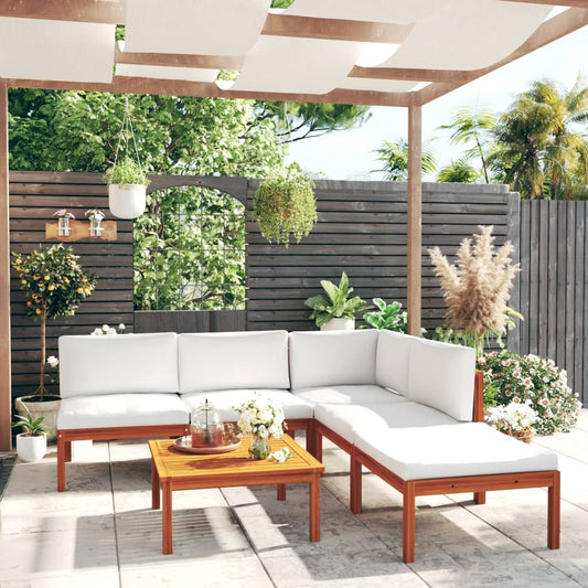 6-tlg. Garten-Lounge-Set mit Kissen Cremefarbenes Holz Akazie & Seil