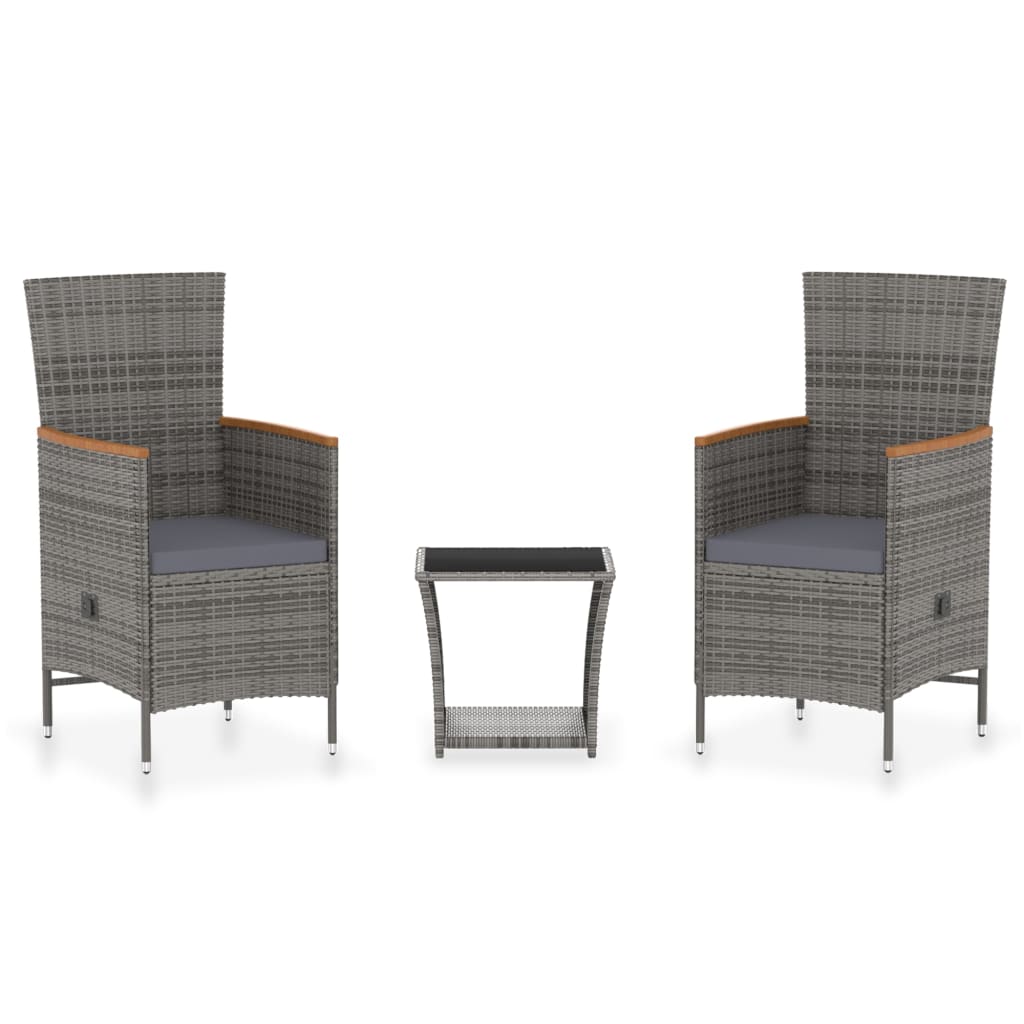 3-tlg. Garten-Lounge-Set mit Kissen Poly Rattan Grau