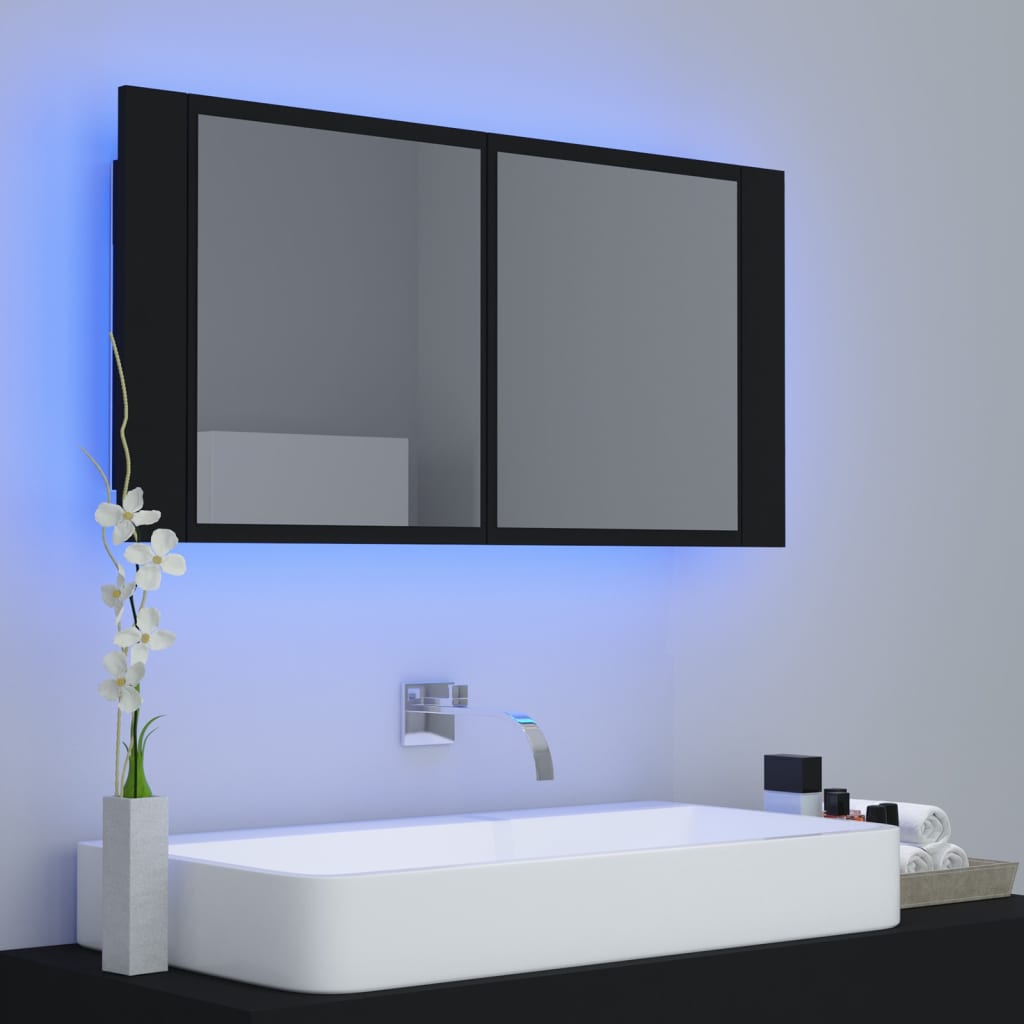 LED Badeværelses Spejlskab Sort 90x12x45 cm Akryl
