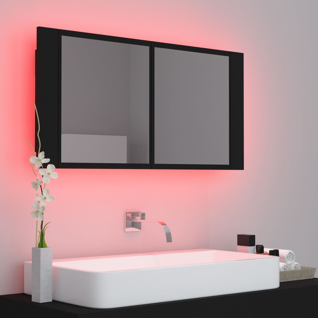 LED Badeværelses Spejlskab Sort 90x12x45 cm Akryl