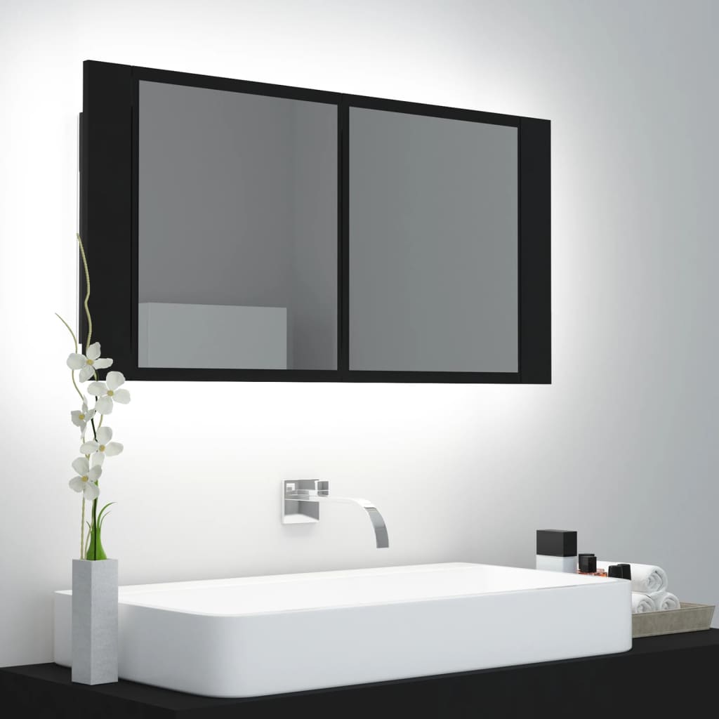LED Badeværelses Spejlskab Sort 90x12x45 cm Akryl