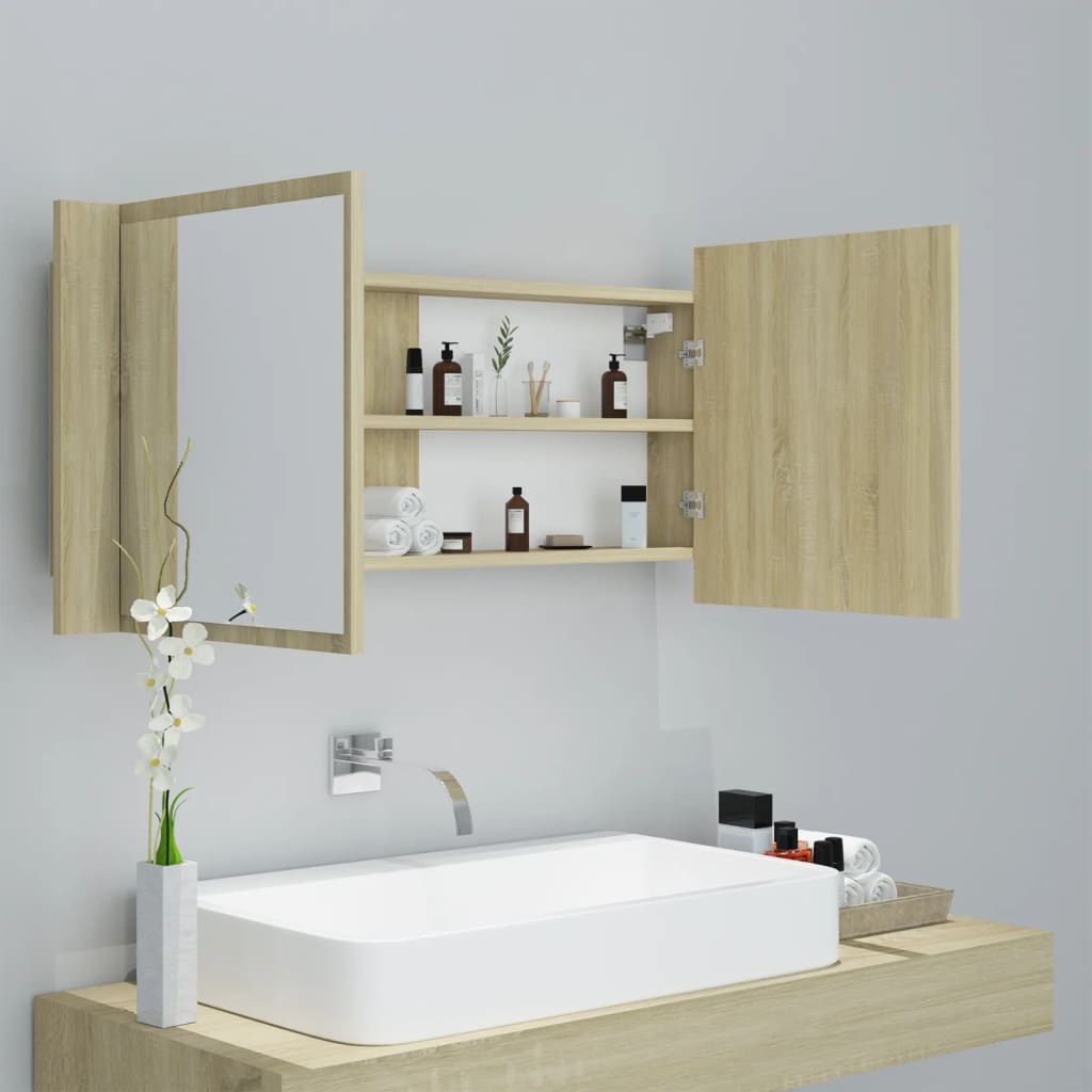 LED-Bad-Spiegelschrank Sonoma-Eiche 100x12x45 cm Acryl