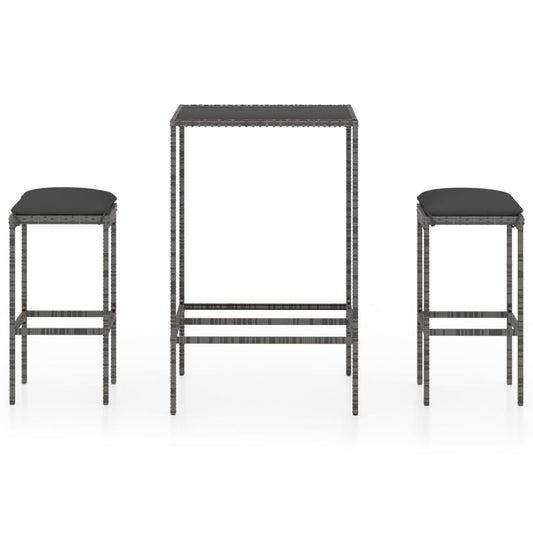 3-tlg. Gartenbar-Set mit Kissen Poly Rattan Grau