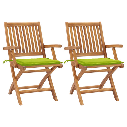 Gartenstühle 2 Stk. mit Hellgrünen Kissen Teak Massivholz