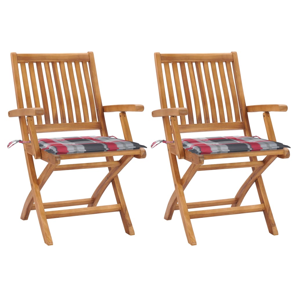 Gartenstühle 2 Stk. Rote Karomuster-Kissen Massivholz Teak