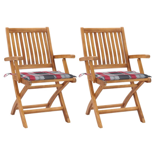 Gartenstühle 2 Stk. Rote Karomuster-Kissen Massivholz Teak