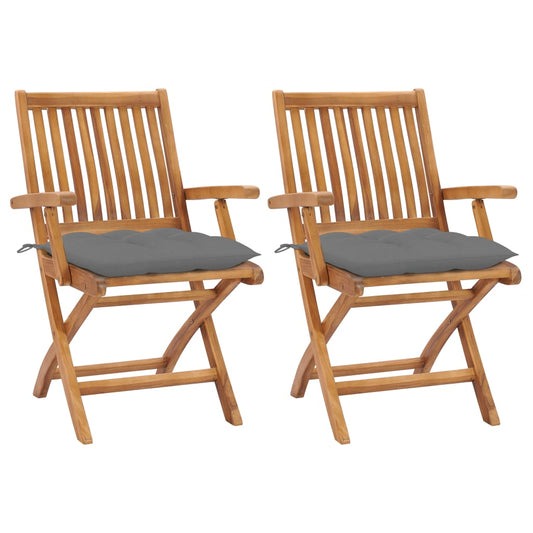 Gartenstühle 2 Stk. mit Grauen Kissen Massivholz Teak