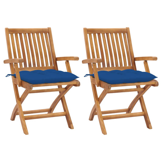 Gartenstühle 2 Stk. mit Blauen Kissen Massivholz Teak