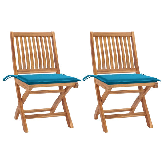 Gartenstühle 2 Stk. mit Blauen Kissen Teak Massivholz