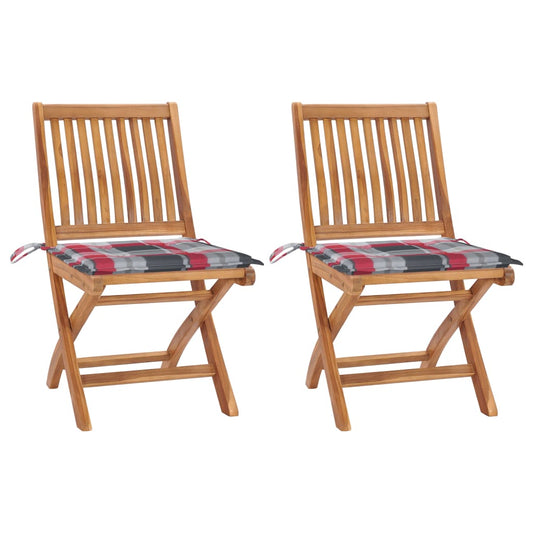 Gartenstühle 2 Stk. Rote Karomuster-Kissen Massivholz Teak