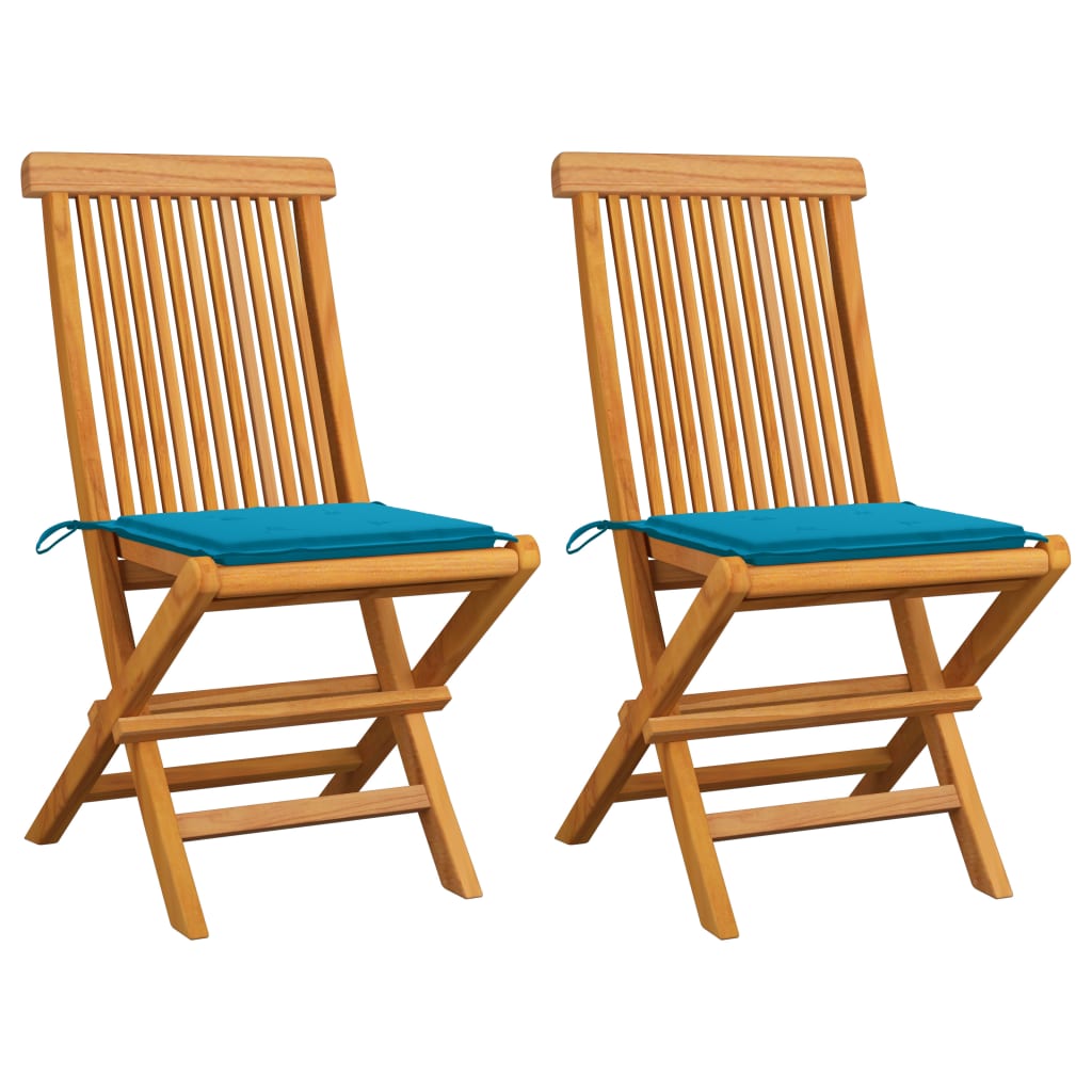 Gartenstühle mit Blauen Kissen 2 Stk. Massivholz Teak