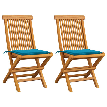 Gartenstühle mit Blauen Kissen 2 Stk. Massivholz Teak