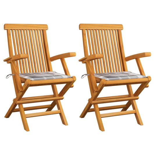 Gartenstühle Graue Karomuster-Kissen 2 Stk. Massivholz Teak