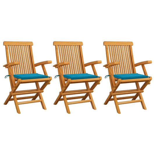 Gartenstühle mit Blauen Kissen 3 Stk. Massivholz Teak