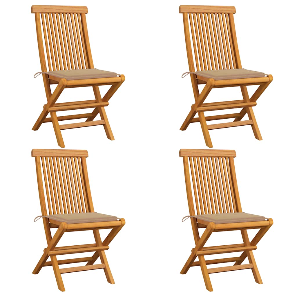 Gartenstühle mit Beige Kissen 4 Stk. Teak Massivholz