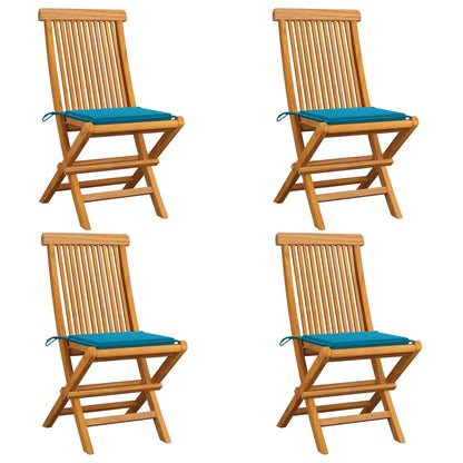 Gartenstühle mit Blauen Kissen 4 Stk. Teak Massivholz