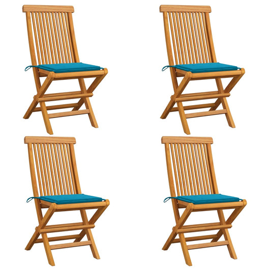 Gartenstühle mit Blauen Kissen 4 Stk. Teak Massivholz