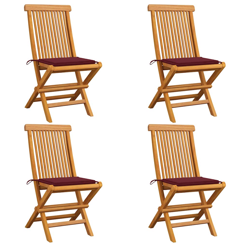 Gartenstühle mit Weinroten Kissen 4 Stk. Massivholz Teak