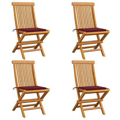 Gartenstühle mit Weinroten Kissen 4 Stk. Massivholz Teak