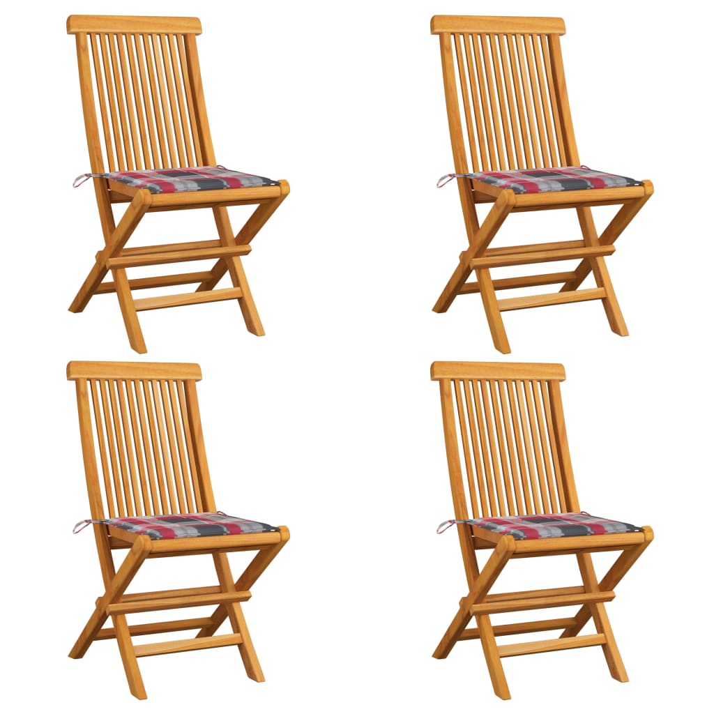 Gartenstühle Rote Karomuster-Kissen 4 Stk. Massivholz Teak