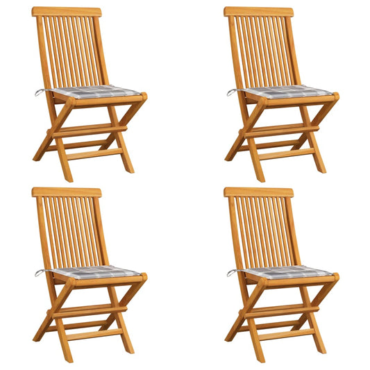 Gartenstühle Graue Karomuster-Kissen 4 Stk. Massivholz Teak