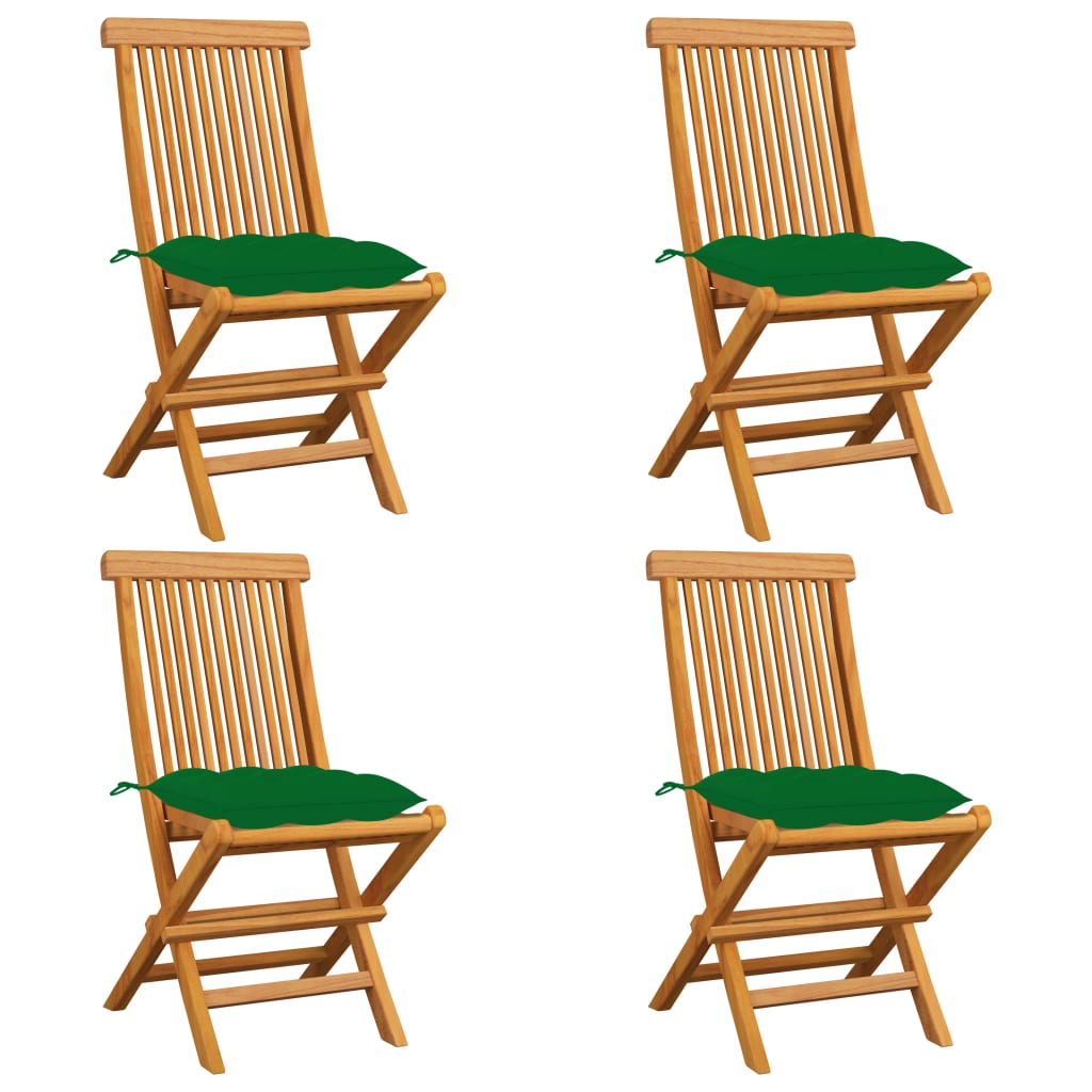Gartenstühle mit Grünen Kissen 4 Stk. Massivholz Teak