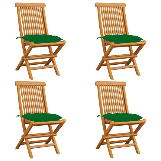 Gartenstühle mit Grünen Kissen 4 Stk. Massivholz Teak