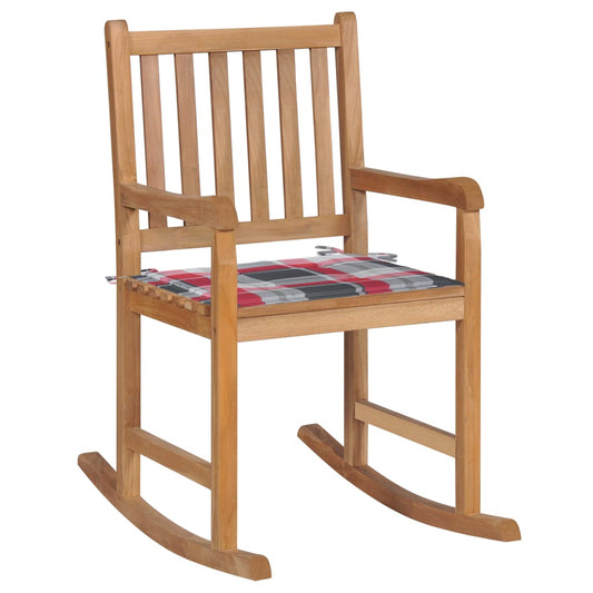 Schaukelstuhl mit Rotem Karomuster-Kissen Massivholz Teak