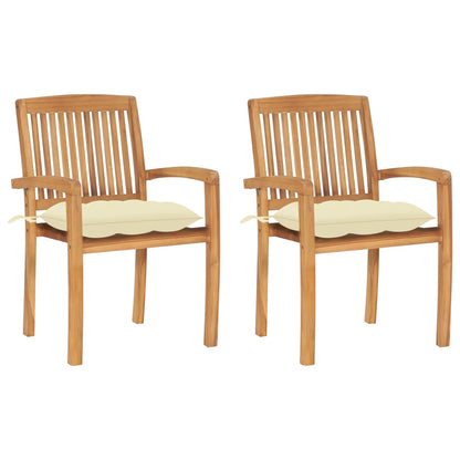 Gartenstühle 2 Stk. mit Cremeweißen Kissen Massivholz Teak