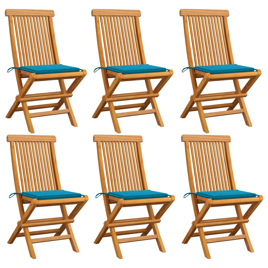 Gartenstühle mit Blauen Kissen 6 Stk. Massivholz Teak