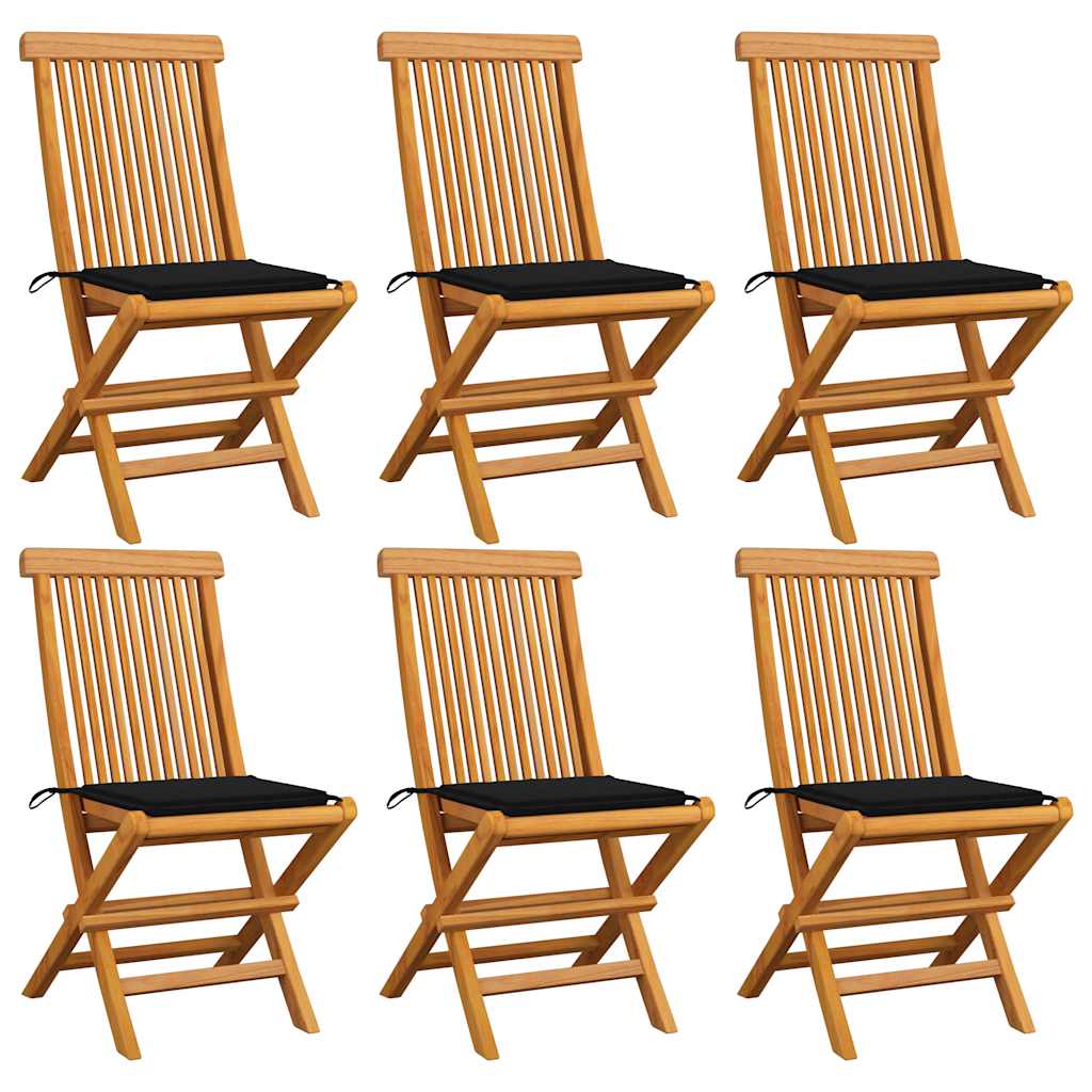Gartenstühle mit Schwarzen Kissen 6 Stk. Massivholz Teak