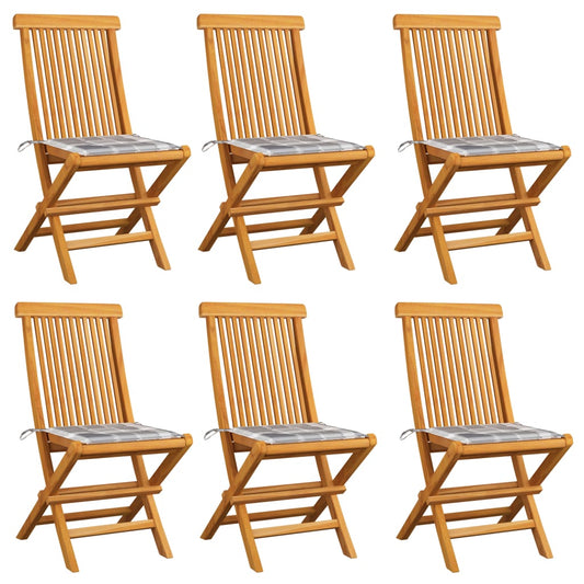 Gartenstühle mit Kissen 6 Stk. Grau Karomuster Massivholz Teak
