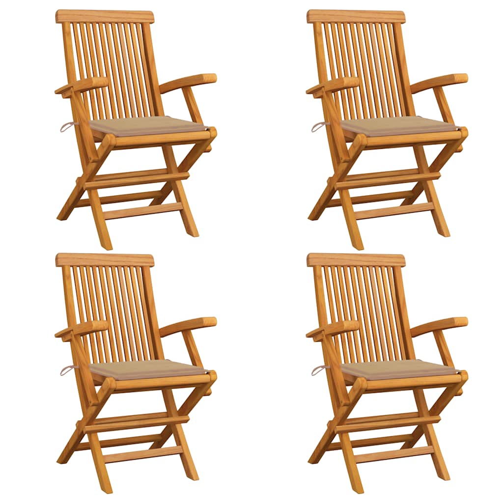 Gartenstühle mit Beige Kissen 4 Stk. Massivholz Teak