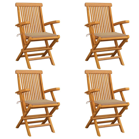 Gartenstühle mit Beige Kissen 4 Stk. Massivholz Teak