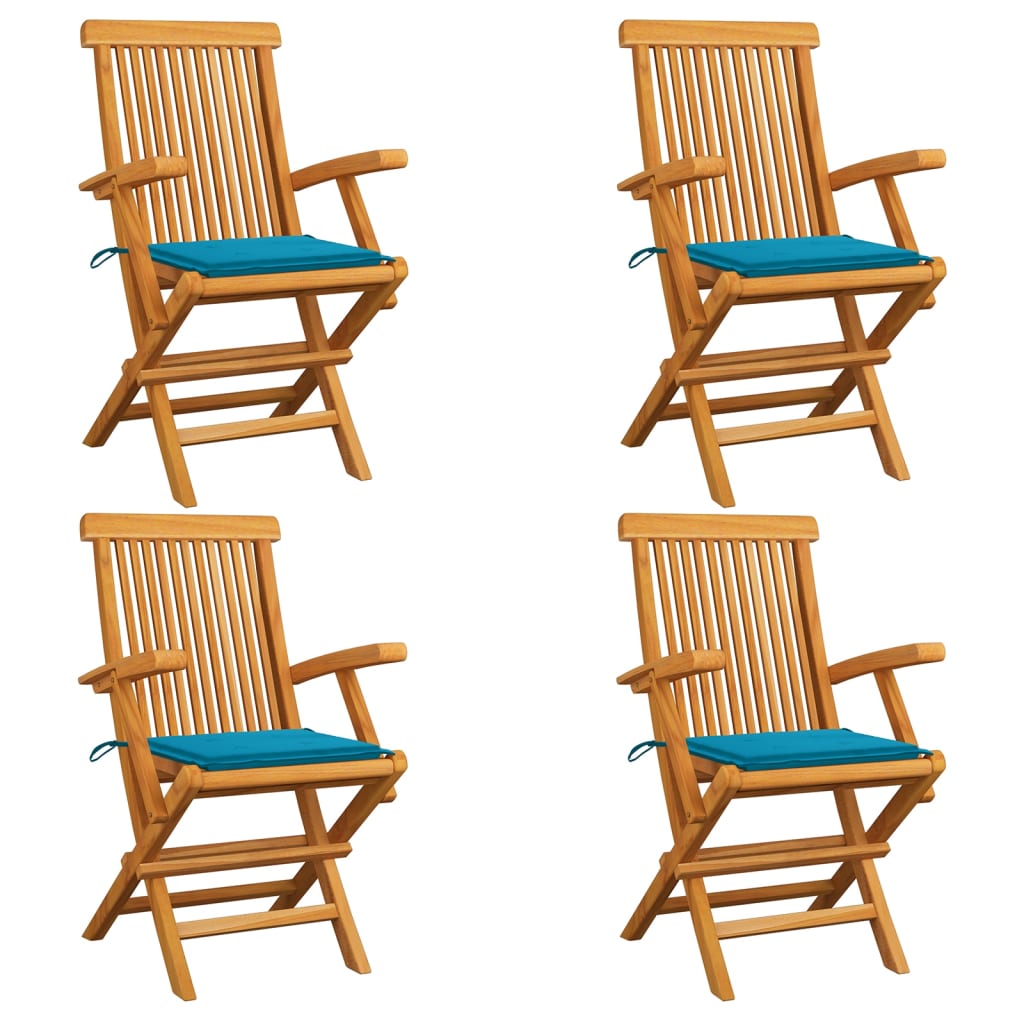 Gartenstühle mit Blauen Kissen 4 Stk. Massivholz Teak