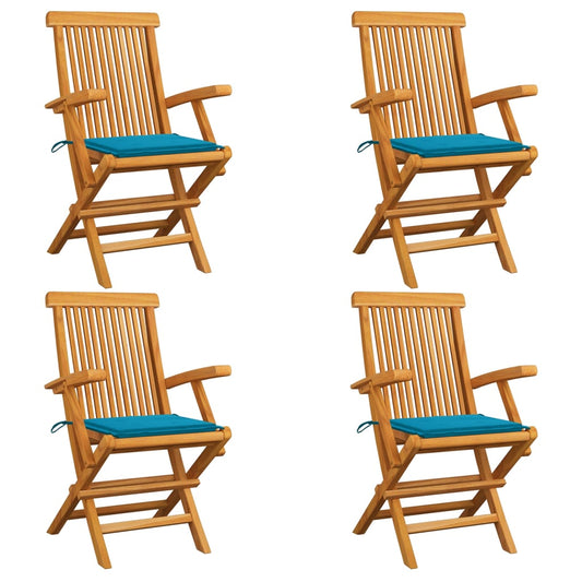 Gartenstühle mit Blauen Kissen 4 Stk. Massivholz Teak