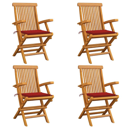 Gartenstühle mit Roten Kissen 4 Stk. Massivholz Teak