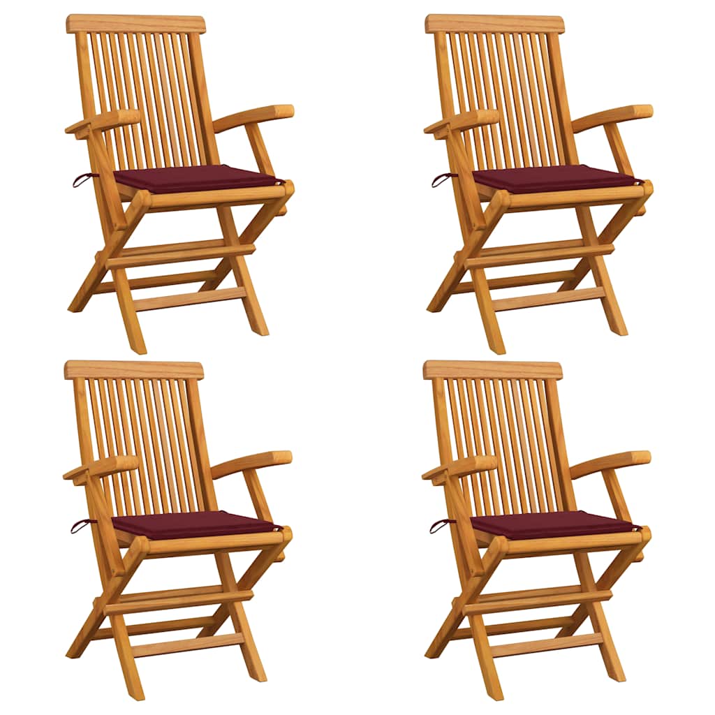 Gartenstühle mit Weinroten Kissen 4 Stk. Massivholz Teak