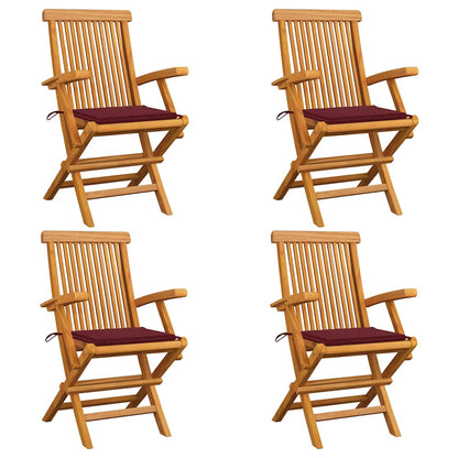 Gartenstühle mit Weinroten Kissen 4 Stk. Massivholz Teak
