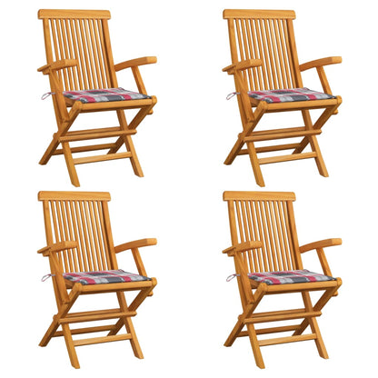Gartenstühle Rote Karomuster-Kissen 4 Stk. Massivholz Teak