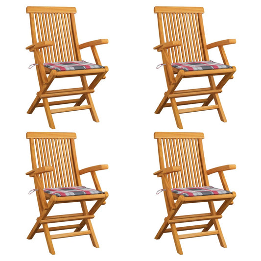 Gartenstühle Rote Karomuster-Kissen 4 Stk. Massivholz Teak